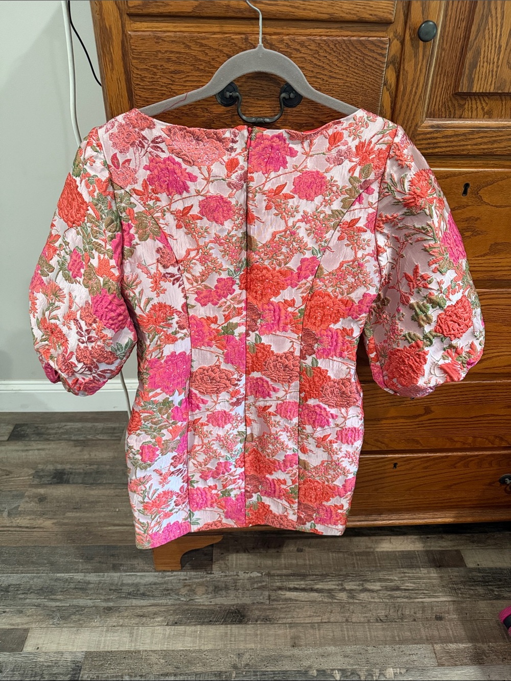 Ina Floral Jacquard Puff-Sleeve Mini Dress - Pink/Coral - Picture 4 of 5